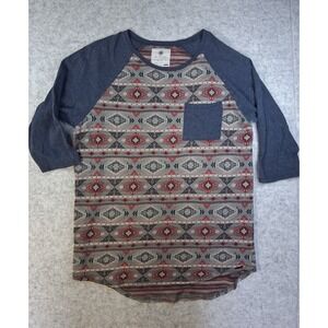 On The Byas Men's Boho Tribal Aztec Print Raglan 3/4 Sleeve Pocket TShirt Size L